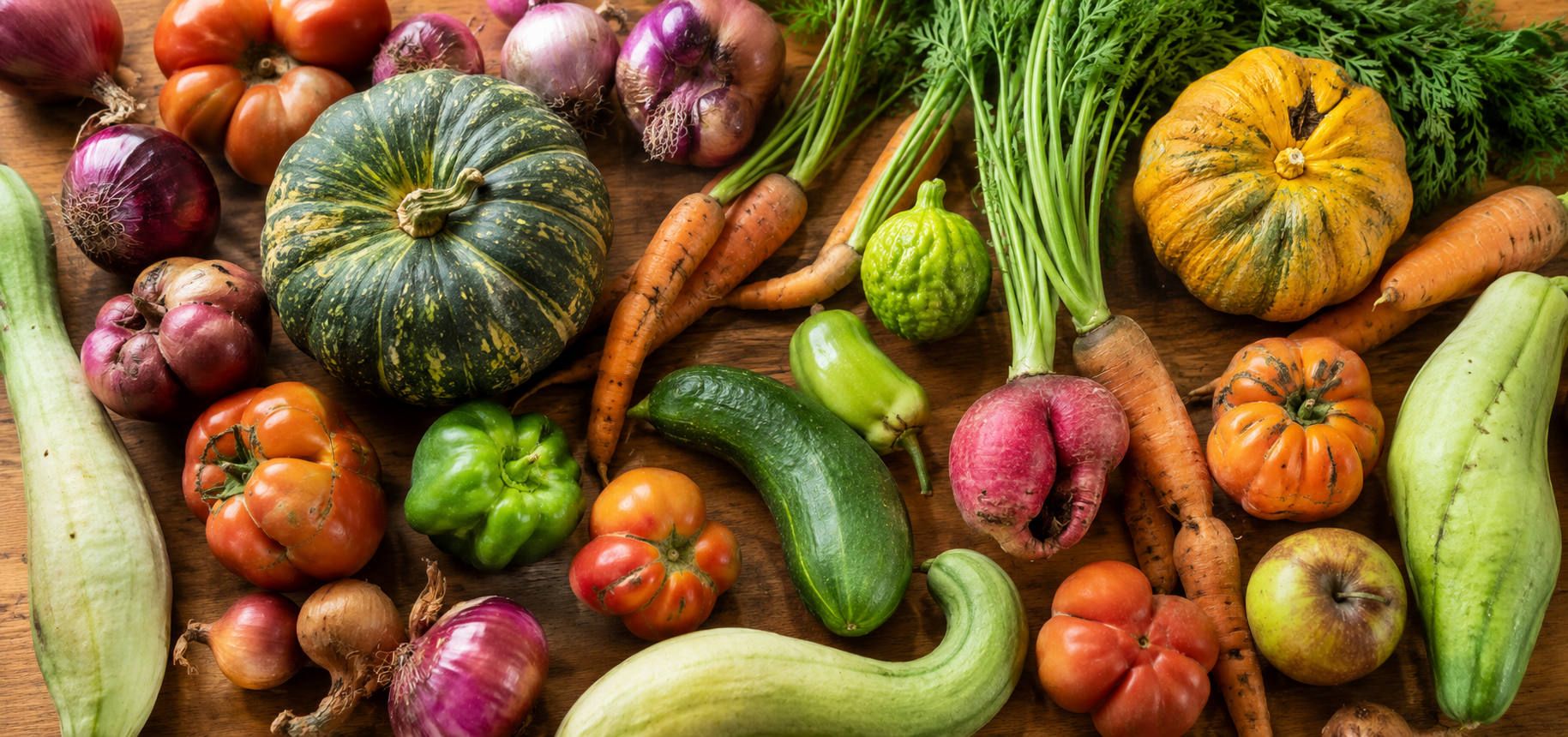 Assorted cosmetically imperfect fruits and vegetables -- crooked carrots, bumpy tomatoes, forked radishes on a wooden surface
