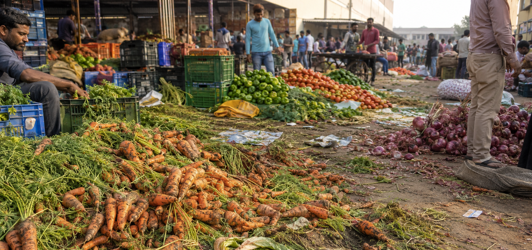Wide shot of a busy Indian vegetable mandi with overflowing produce stalls and rejected vegetables on the ground