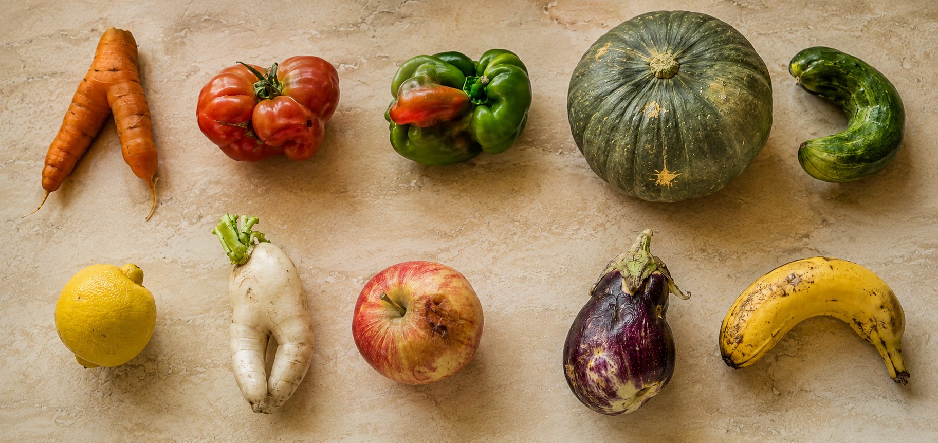 Overhead shot of ten different ugly fruits and vegetables arranged on a kitchen counter