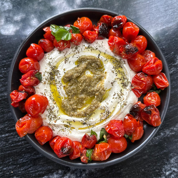 Whipped Feta with The Misfits Pesto and Roasted Tomatoes